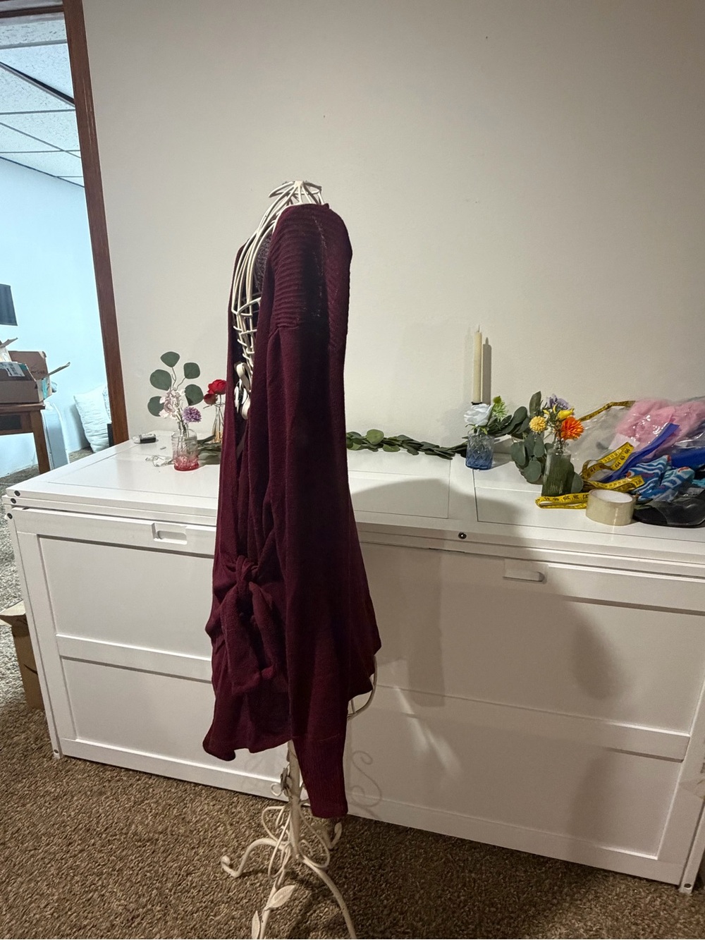 Women’s Wrap Tie Cardigan Sweater in Burgundy - Picture 6 of 7